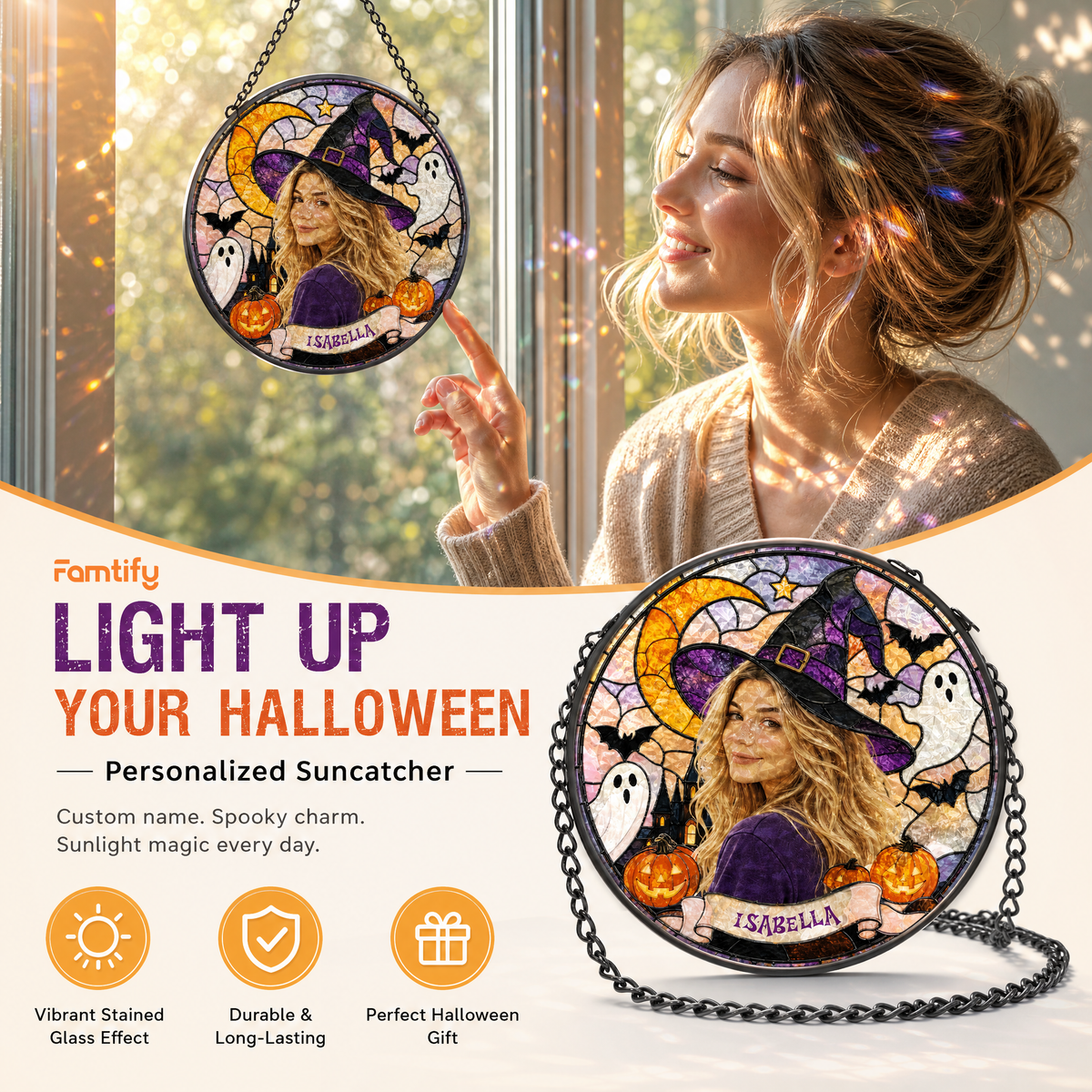 Personalized Halloween Witch Custom Photo Ghost Pumpkin Stained Glass Suncatcher Window Hanging Custom Name Home Wall Decor