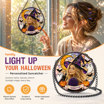 Personalized Halloween Witch Custom Photo Ghost Pumpkin Stained Glass Suncatcher Window Hanging Custom Name Home Wall Decor