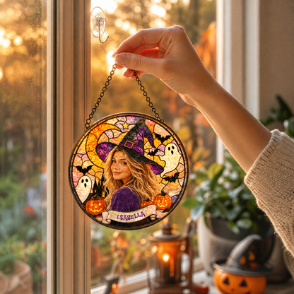 Personalized Halloween Witch Custom Photo Ghost Pumpkin Stained Glass Suncatcher Window Hanging Custom Name Home Wall Decor