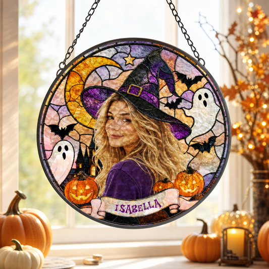 Personalized Halloween Witch Custom Photo Ghost Pumpkin Stained Glass