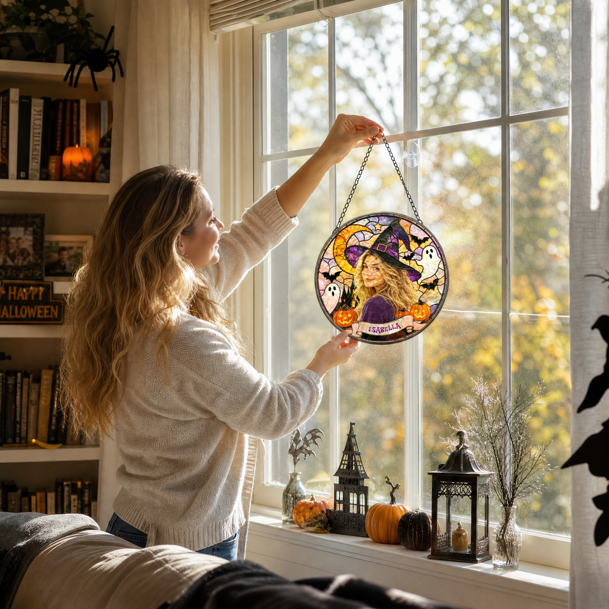 Personalized Halloween Witch Custom Photo Ghost Pumpkin Stained Glass Suncatcher Window Hanging Custom Name Home Wall Decor