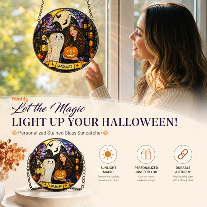 Personalized Halloween Witch Custom Photo Ghost Lantern Pumpkin Stained Glass Suncatcher Window Hanging Custom Name Home Wall Decor