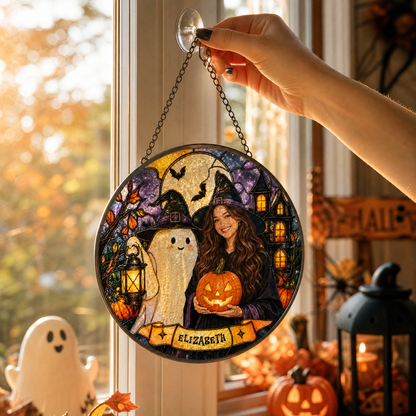 Personalized Halloween Witch Custom Photo Ghost Lantern Pumpkin Stained Glass Suncatcher Window Hanging Custom Name Home Wall Decor
