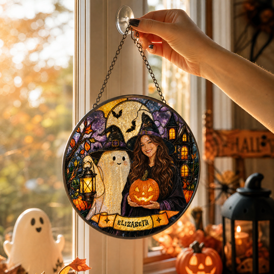 Personalized Halloween Witch Custom Photo Ghost Lantern Pumpkin Stained Glass, view 2