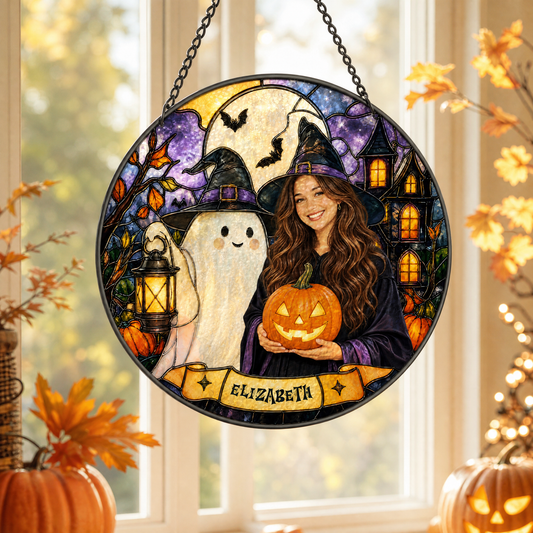 Personalized Halloween Witch Custom Photo Ghost Lantern Pumpkin Stained Glass