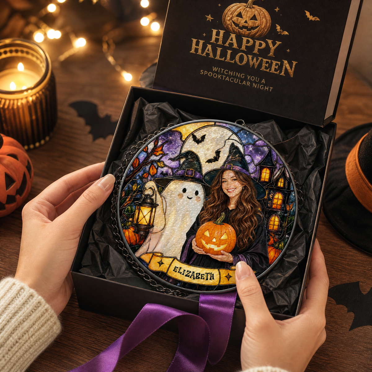 Personalized Halloween Witch Custom Photo Ghost Lantern Pumpkin Stained Glass Suncatcher Window Hanging Custom Name Home Wall Decor
