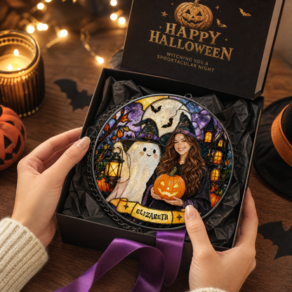 Personalized Halloween Witch Custom Photo Ghost Lantern Pumpkin Stained Glass Suncatcher Window Hanging Custom Name Home Wall Decor