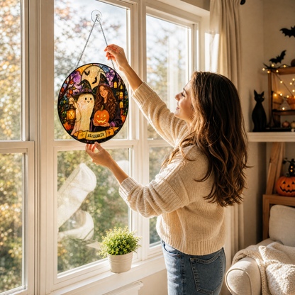 Personalized Halloween Witch Custom Photo Ghost Lantern Pumpkin Stained Glass Suncatcher Window Hanging Custom Name Home Wall Decor