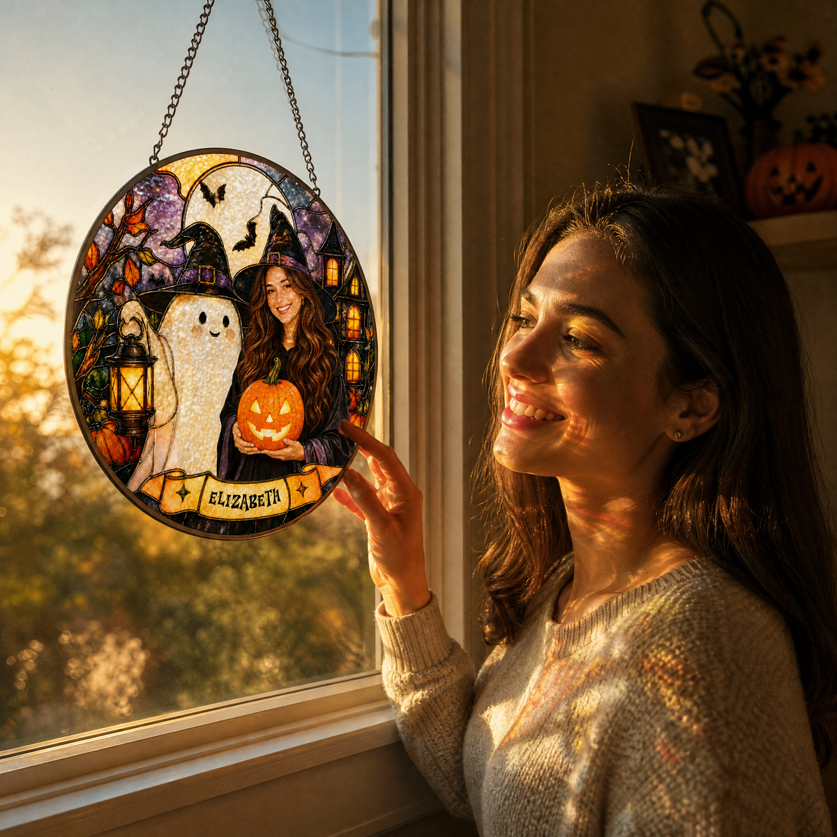 Personalized Halloween Witch Custom Photo Ghost Lantern Pumpkin Stained Glass Suncatcher Window Hanging Custom Name Home Wall Decor