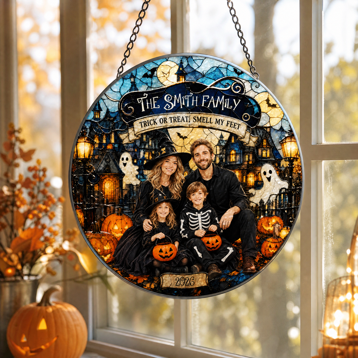 Personalized Halloween Family Custom Photo Trick Or Treat Haunted House Stained Glass Suncatcher Window Hanging Custom Name Home Wall Decor