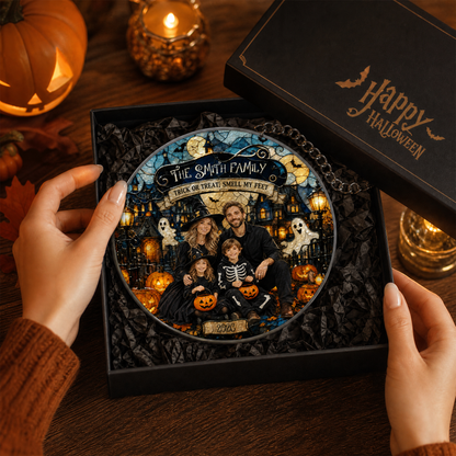 Personalized Halloween Family Custom Photo Trick Or Treat Haunted House Stained Glass Suncatcher Window Hanging Custom Name Home Wall Decor