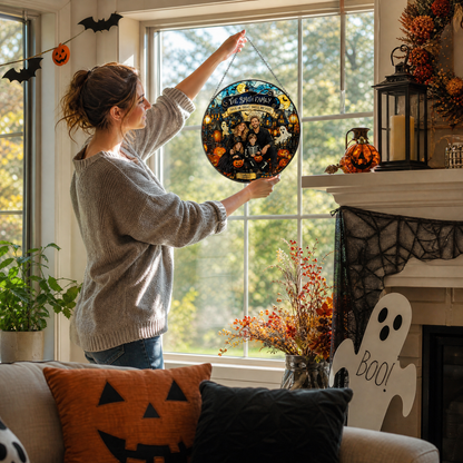Personalized Halloween Family Custom Photo Trick Or Treat Haunted House Stained Glass Suncatcher Window Hanging Custom Name Home Wall Decor