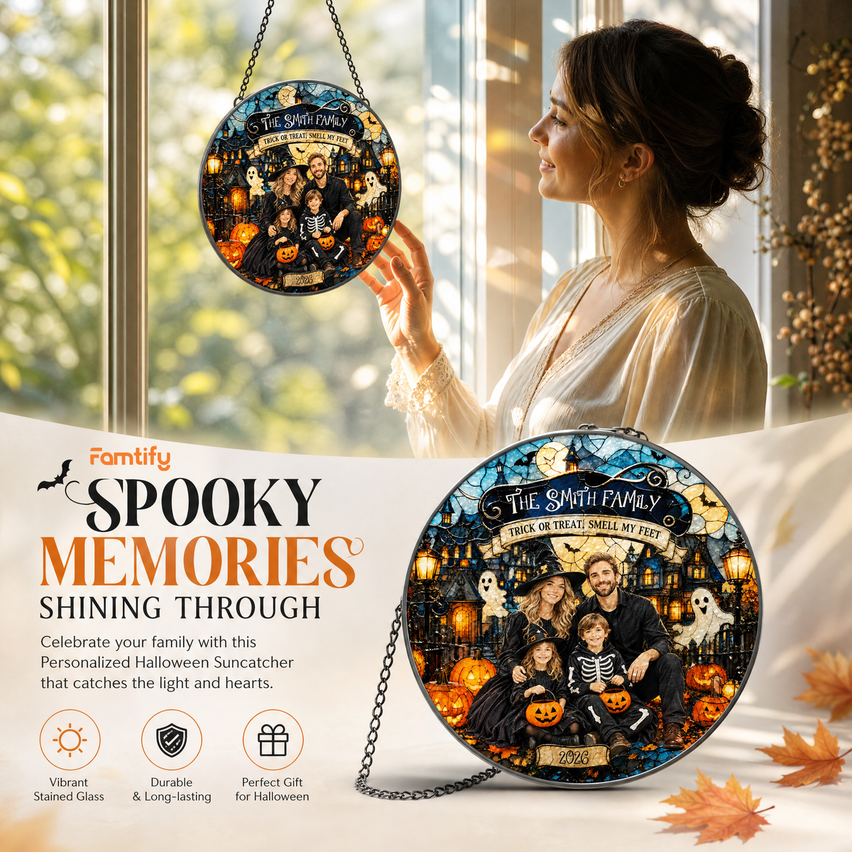 Personalized Halloween Family Custom Photo Trick Or Treat Haunted House Stained Glass Suncatcher Window Hanging Custom Name Home Wall Decor
