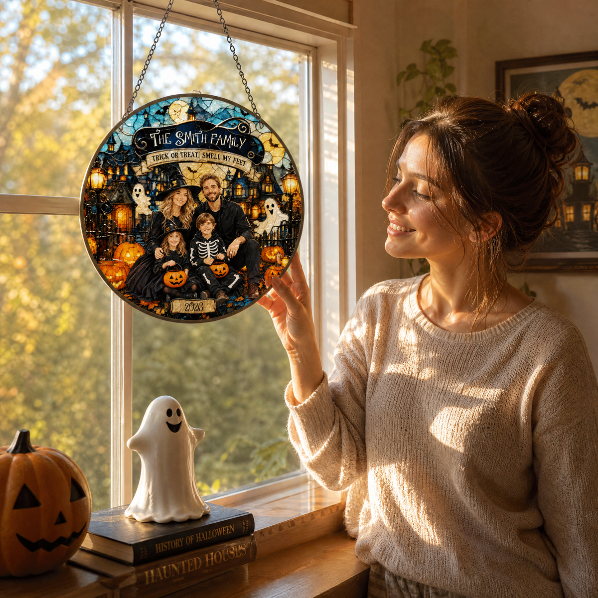 Personalized Halloween Family Custom Photo Trick Or Treat Haunted House Stained Glass Suncatcher Window Hanging Custom Name Home Wall Decor