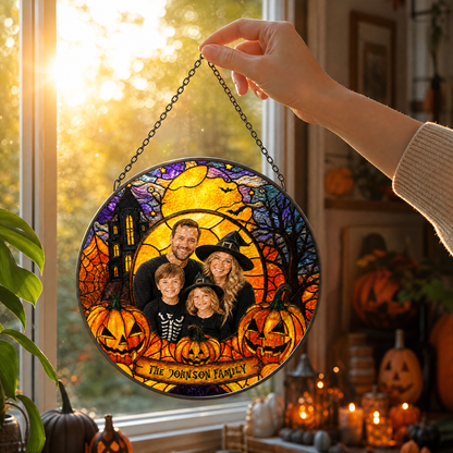 Personalized Halloween Family Custom Photo Witch Haunted House Stained Glass Suncatcher Window Hanging Custom Name Home Wall Decor