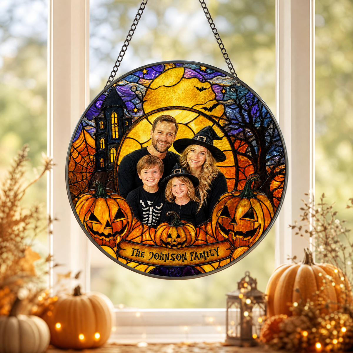 Personalized Halloween Family Custom Photo Witch Haunted House Stained Glass Suncatcher Window Hanging Custom Name Home Wall Decor