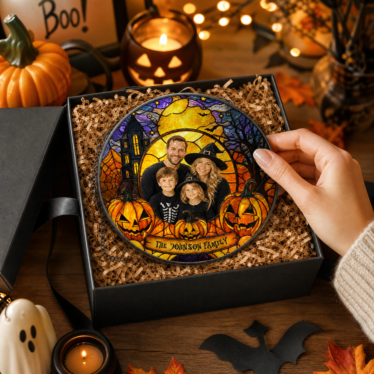 Personalized Halloween Family Custom Photo Witch Haunted House Stained Glass Suncatcher Window Hanging Custom Name Home Wall Decor