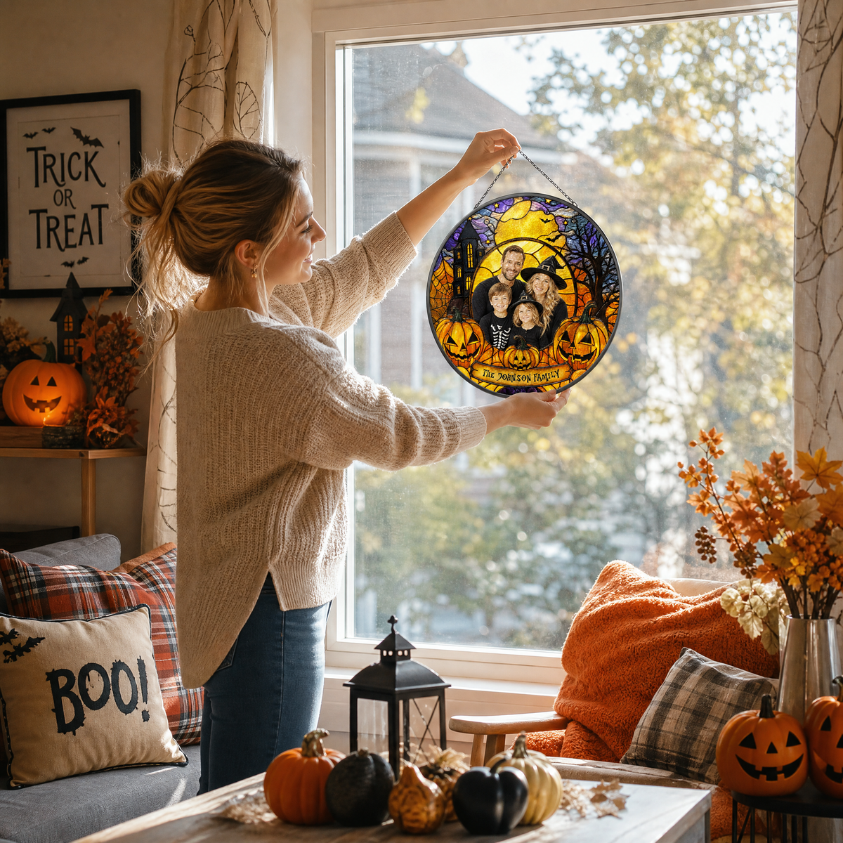 Personalized Halloween Family Custom Photo Witch Haunted House Stained Glass Suncatcher Window Hanging Custom Name Home Wall Decor