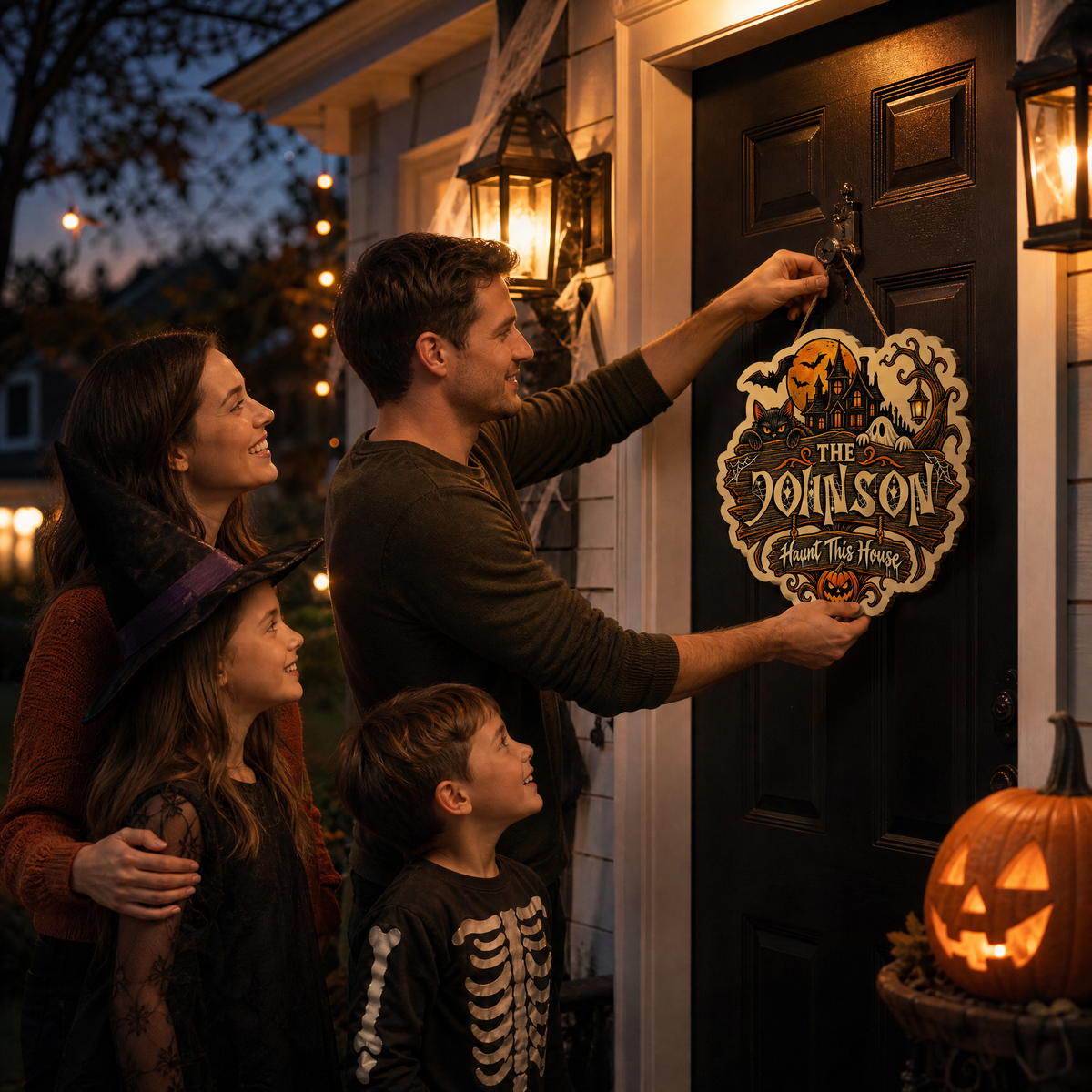 Personalized Halloween Black Cat Ghost Haunted House Custom Shape Wood Sign Spooky Family Name Door Hanger Home Wall Decor
