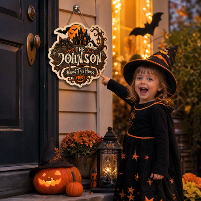 Personalized Halloween Black Cat Ghost Haunted House Custom Shape Wood Sign Spooky Family Name Door Hanger Home Wall Decor