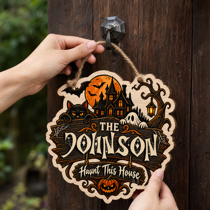 Personalized Halloween Black Cat Ghost Haunted House Custom Shape Wood Sign Spooky Family Name Door Hanger Home Wall Decor