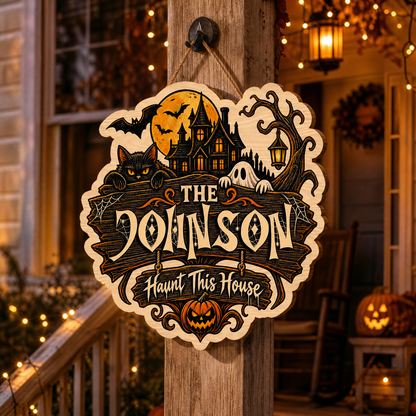 Personalized Halloween Black Cat Ghost Haunted House Custom Shape Wood Sign Spooky Family Name Door Hanger Home Wall Decor