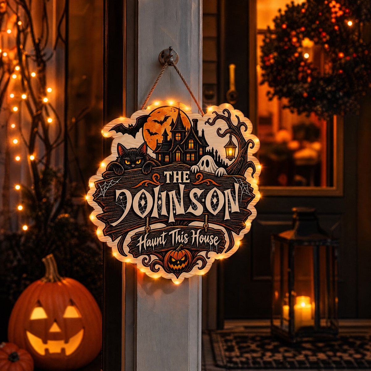 Personalized Halloween Black Cat Ghost Haunted House Custom Shape Wood Sign Spooky Family Name Door Hanger Home Wall Decor