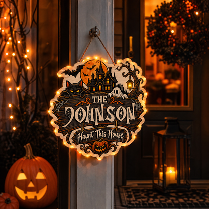 Personalized Halloween Black Cat Ghost Haunted House Custom Shape Wood Sign Spooky Family Name Door Hanger Home Wall Decor