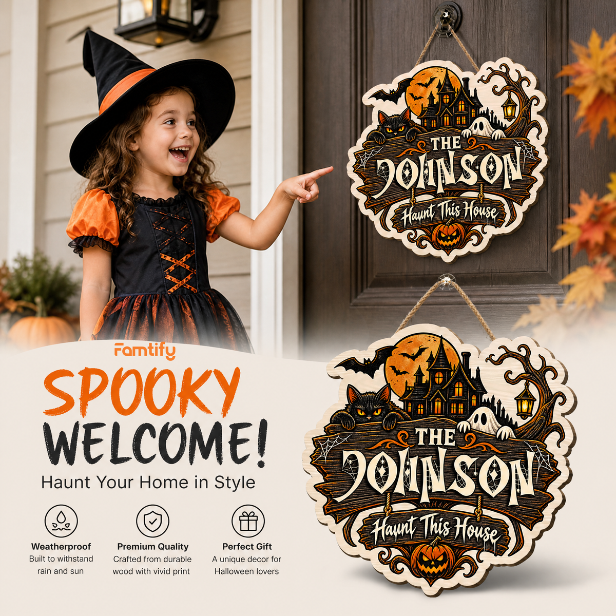 Personalized Halloween Black Cat Ghost Haunted House Custom Shape Wood Sign Spooky Family Name Door Hanger Home Wall Decor