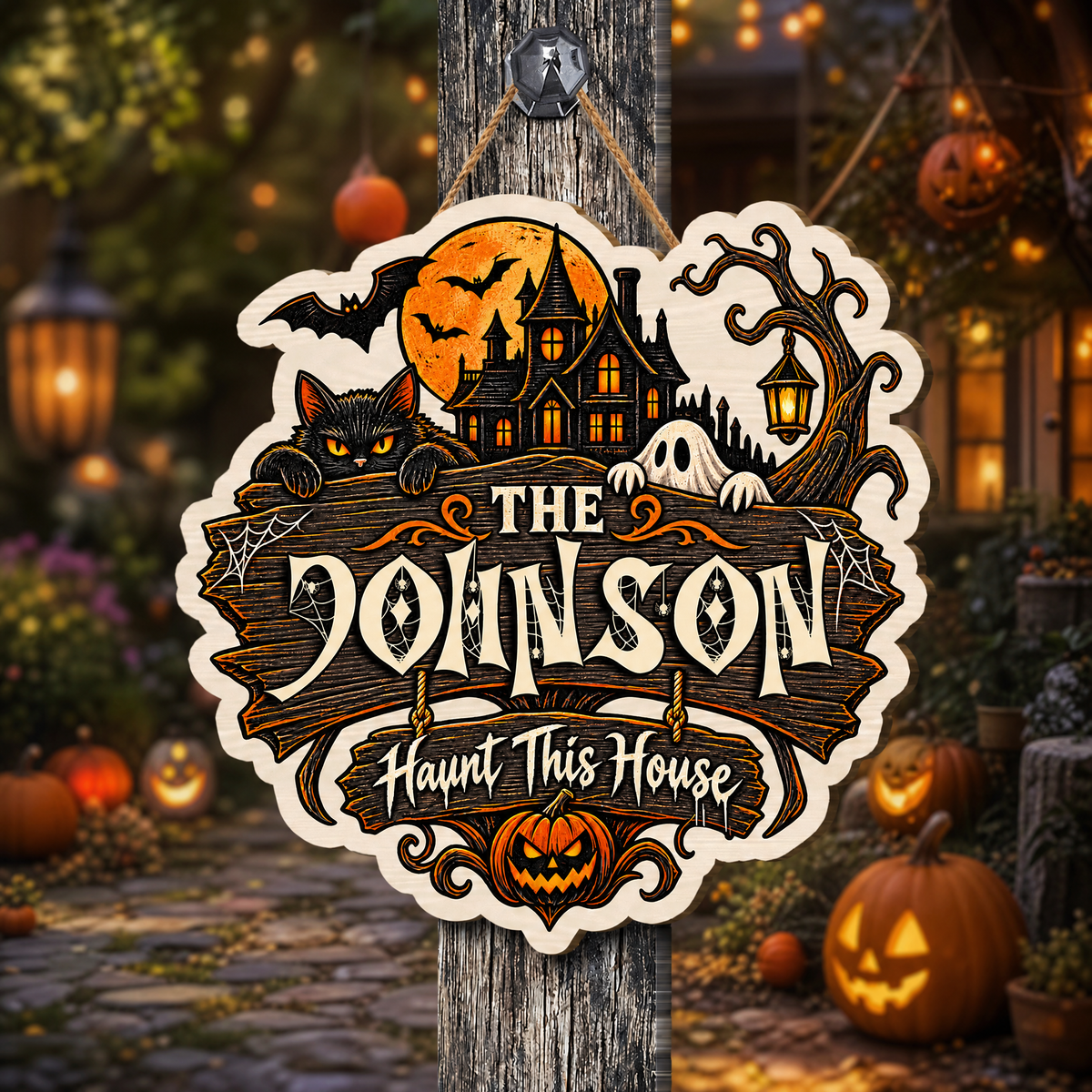 Personalized Halloween Black Cat Ghost Haunted House Custom Shape Wood Sign Spooky Family Name Door Hanger Home Wall Decor