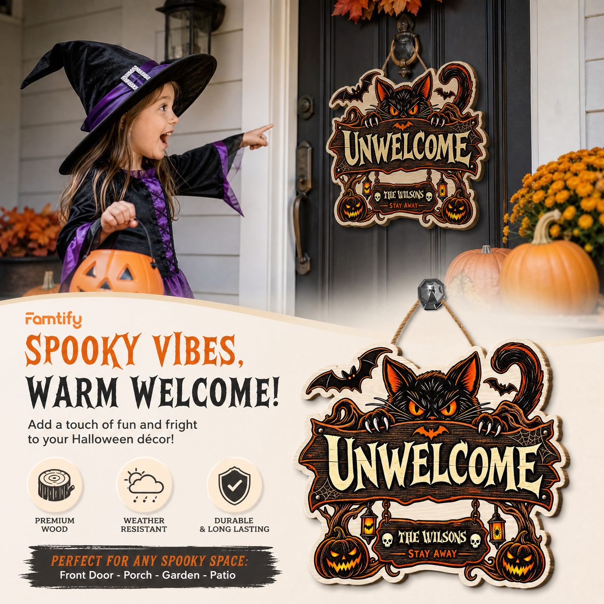 Personalized Halloween Black Cat Unwelcome Custom Shape Wood Sign Spooky Family Name Stay Away Door Hanger Home Wall Decor
