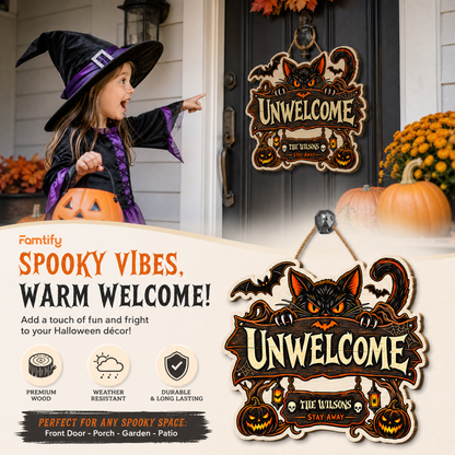 Personalized Halloween Black Cat Unwelcome Custom Shape Wood Sign Spooky Family Name Stay Away Door Hanger Home Wall Decor