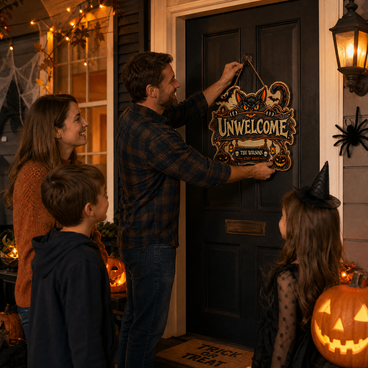 Personalized Halloween Black Cat Unwelcome Custom Shape Wood Sign Spooky Family Name Stay Away Door Hanger Home Wall Decor