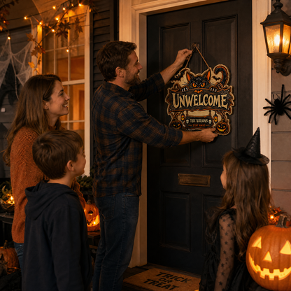 Personalized Halloween Black Cat Unwelcome Custom Shape Wood Sign Spooky Family Name Stay Away Door Hanger Home Wall Decor