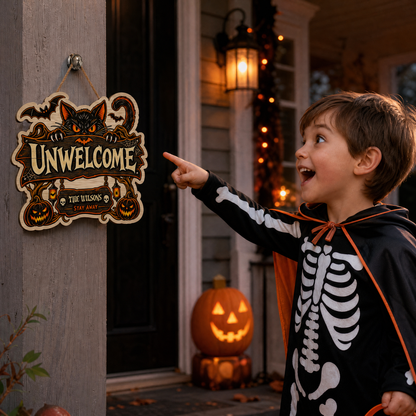 Personalized Halloween Black Cat Unwelcome Custom Shape Wood Sign Spooky Family Name Stay Away Door Hanger Home Wall Decor