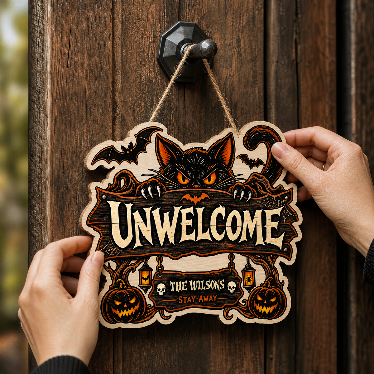 Personalized Halloween Black Cat Unwelcome Custom Shape Wood Sign Spooky Family Name Stay Away Door Hanger Home Wall Decor