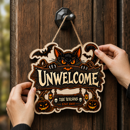 Personalized Halloween Black Cat Unwelcome Custom Shape Wood Sign Spooky Family Name Stay Away Door Hanger Home Wall Decor