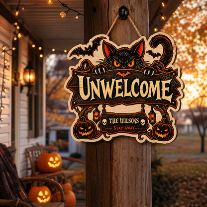 Personalized Halloween Black Cat Unwelcome Custom Shape Wood Sign Spooky Family Name Stay Away Door Hanger Home Wall Decor