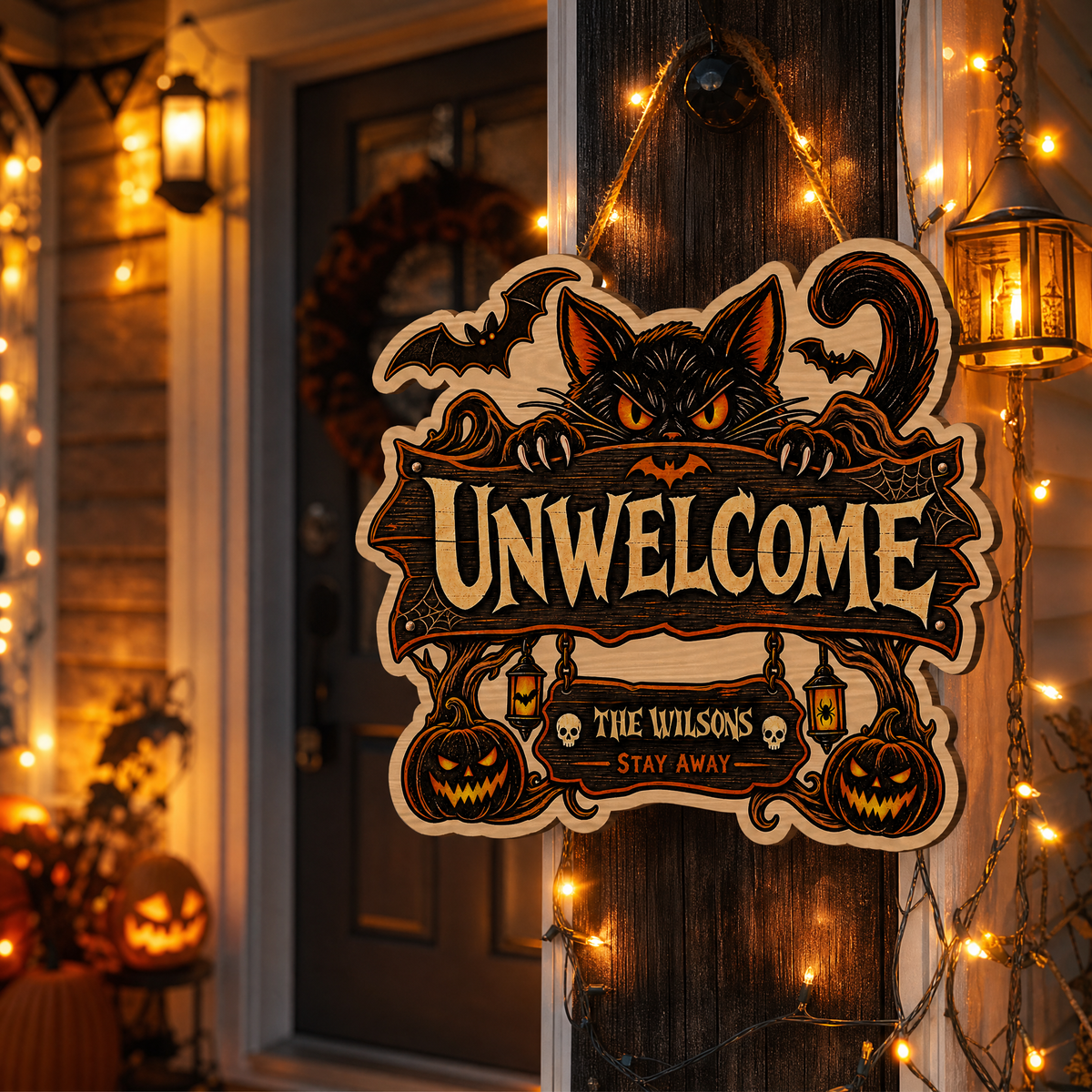 Personalized Halloween Black Cat Unwelcome Custom Shape Wood Sign Spooky Family Name Stay Away Door Hanger Home Wall Decor