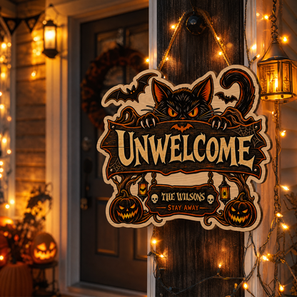 Personalized Halloween Black Cat Unwelcome Custom Shape Wood Sign Spooky Family Name Stay Away Door Hanger Home Wall Decor