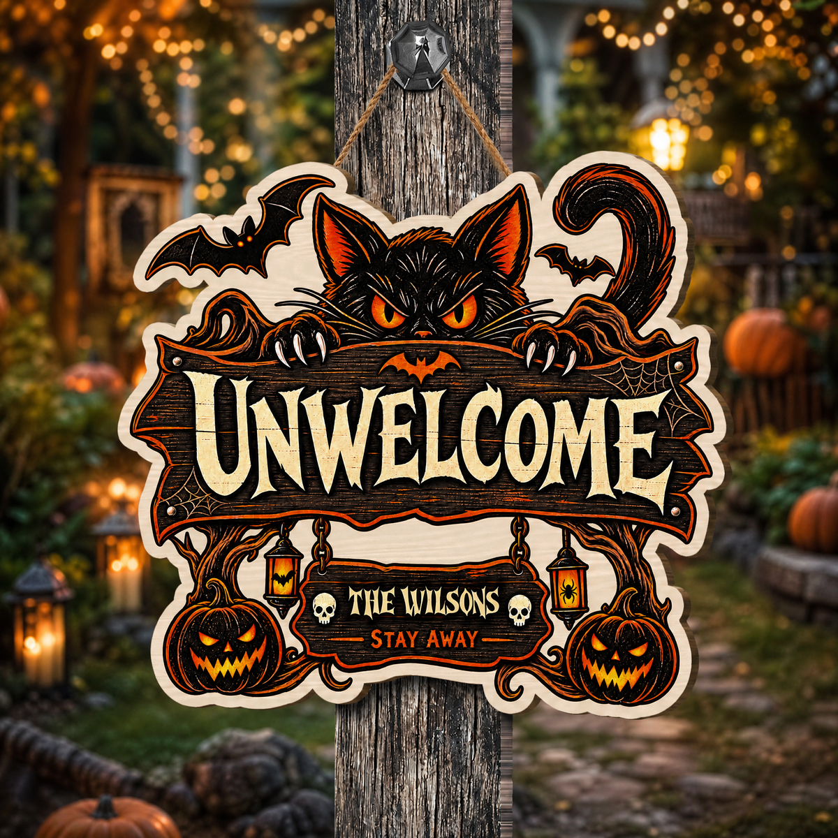 Personalized Halloween Black Cat Unwelcome Custom Shape Wood Sign Spooky Family Name Stay Away Door Hanger Home Wall Decor