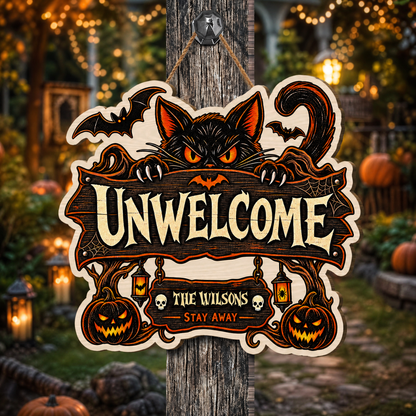 Personalized Halloween Black Cat Unwelcome Custom Shape Wood Sign Spooky Family Name Stay Away Door Hanger Home Wall Decor
