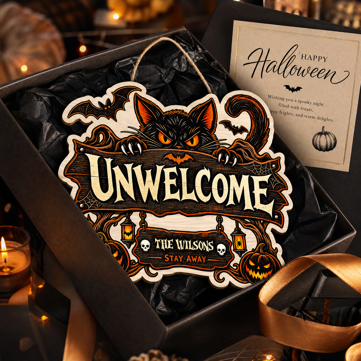 Personalized Halloween Black Cat Unwelcome Custom Shape Wood Sign Spooky Family Name Stay Away Door Hanger Home Wall Decor