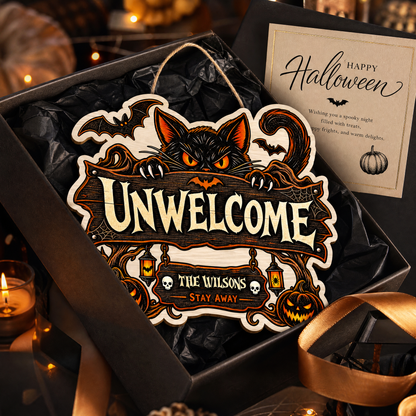 Personalized Halloween Black Cat Unwelcome Custom Shape Wood Sign Spooky Family Name Stay Away Door Hanger Home Wall Decor