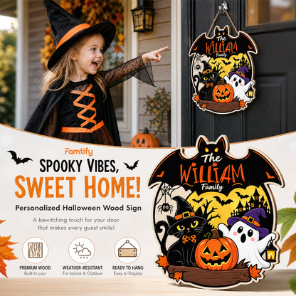 Personalized Halloween Black Cat Ghost Pumpkin Custom Shape Wood Sign Bat Silhouette Spooky Family Name Door Hanger Home Wall Decor