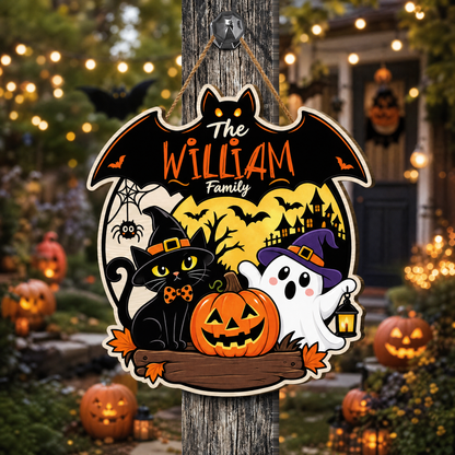 Personalized Halloween Black Cat Ghost Pumpkin Custom Shape Wood Sign Bat Silhouette Spooky Family Name Door Hanger Home Wall Decor