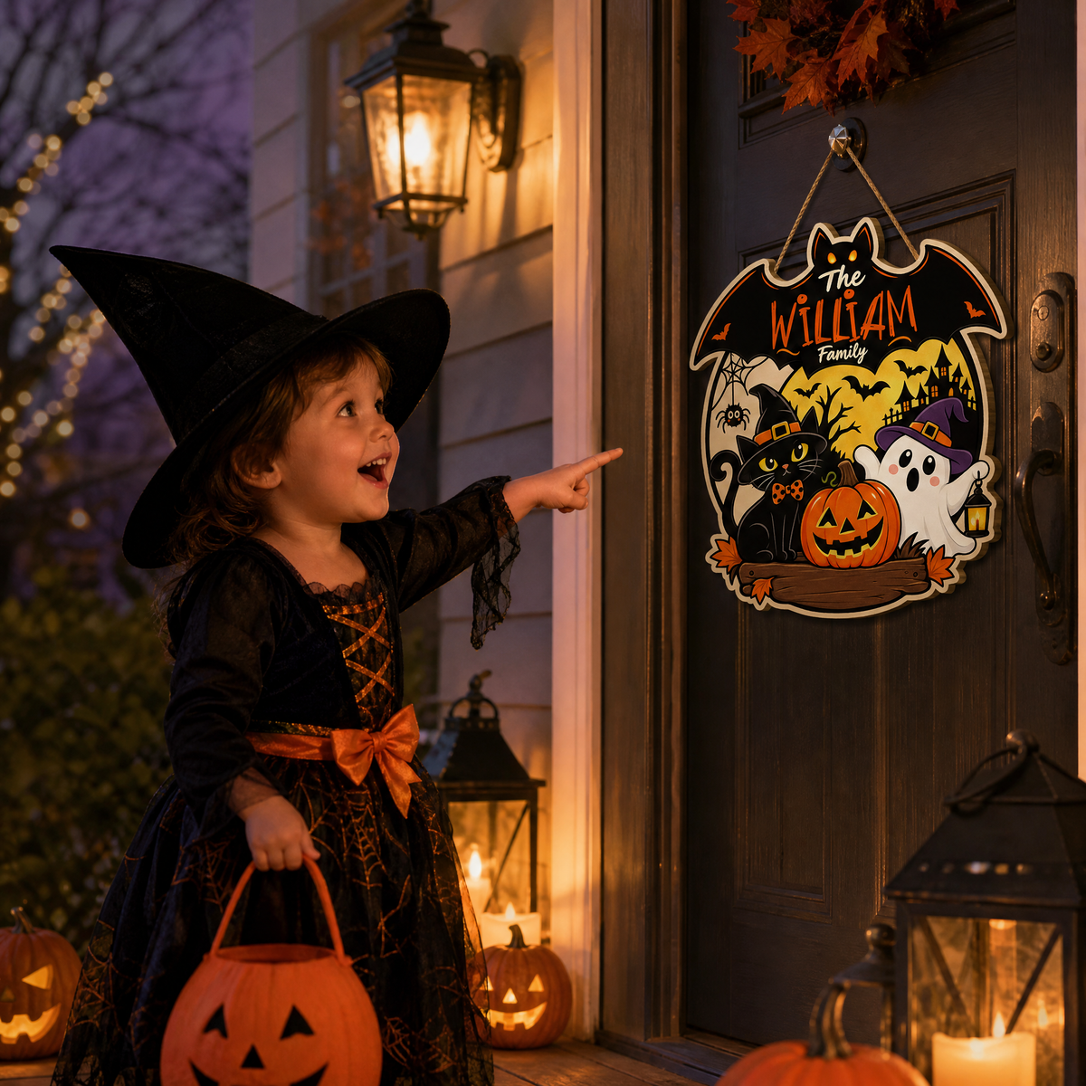 Personalized Halloween Black Cat Ghost Pumpkin Custom Shape Wood Sign Bat Silhouette Spooky Family Name Door Hanger Home Wall Decor
