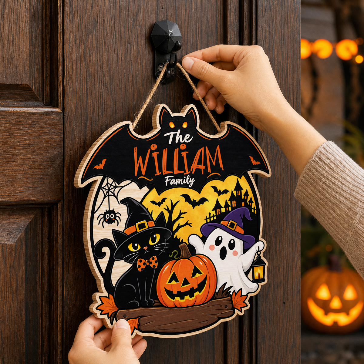 Personalized Halloween Black Cat Ghost Pumpkin Custom Shape Wood Sign Bat Silhouette Spooky Family Name Door Hanger Home Wall Decor