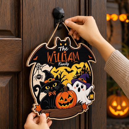 Personalized Halloween Black Cat Ghost Pumpkin Custom Shape Wood Sign Bat Silhouette Spooky Family Name Door Hanger Home Wall Decor
