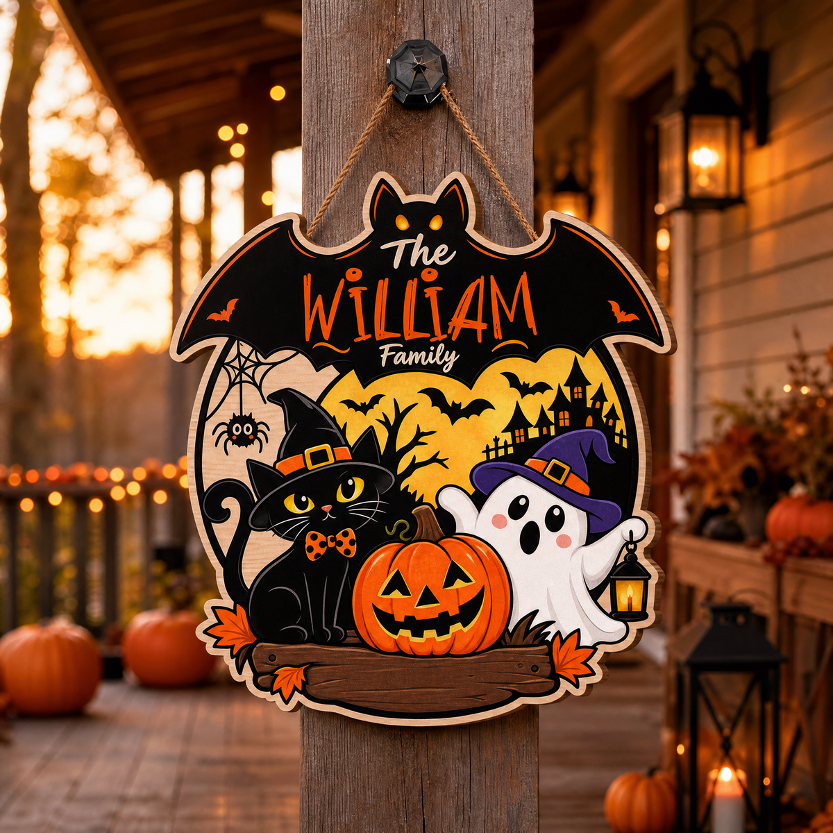 Personalized Halloween Black Cat Ghost Pumpkin Custom Shape Wood Sign Bat Silhouette Spooky Family Name Door Hanger Home Wall Decor
